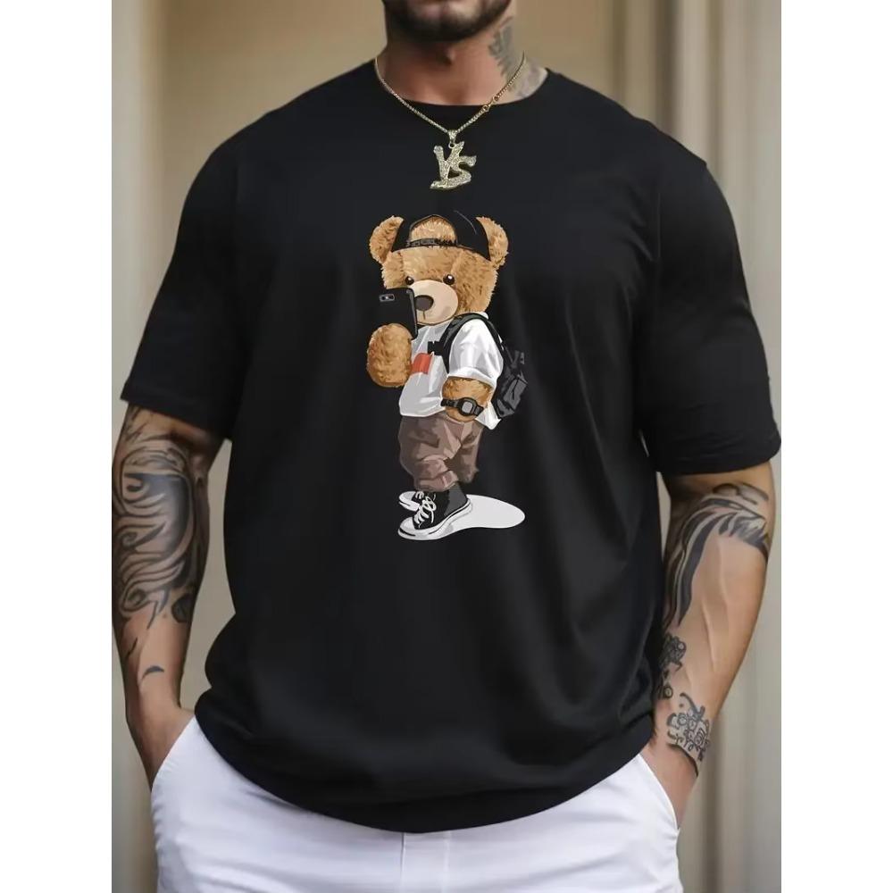 

Мужская хлопковая футболка с круглым вырезом и графическим принтом мультяшного плюшевого мишки, удобная футболка на каждый день для отдыха, мужская одежда, топ XXXXXL чёрный