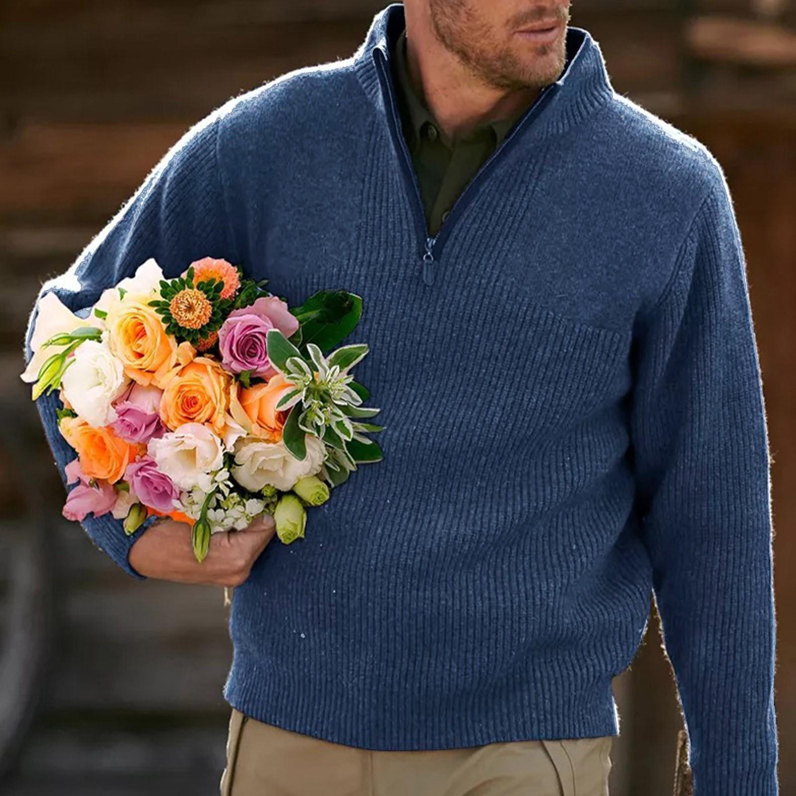 

Мужской повседневный комфортный толстый плюшевый свитер с молнией на четверть в начале осени XL темно-синий