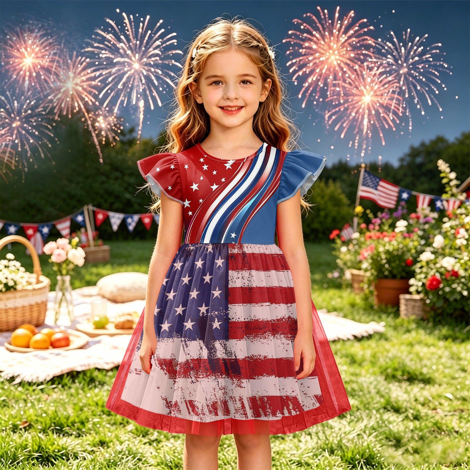 Girls Ruffle Sleeve Independence Day Dress Patchwork American Flag Print Layered Tulle Skirt Casual Party Dress for Kids 140