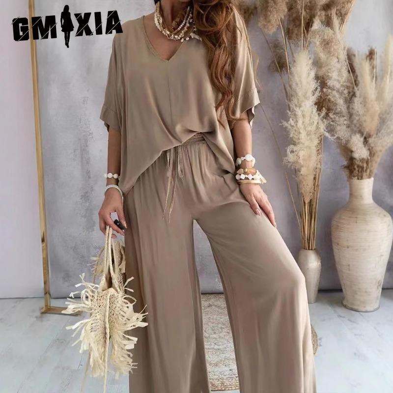 GMXIA Women's V-Neck Bat Sleeve Casual Loose Wide Leg Pants Set