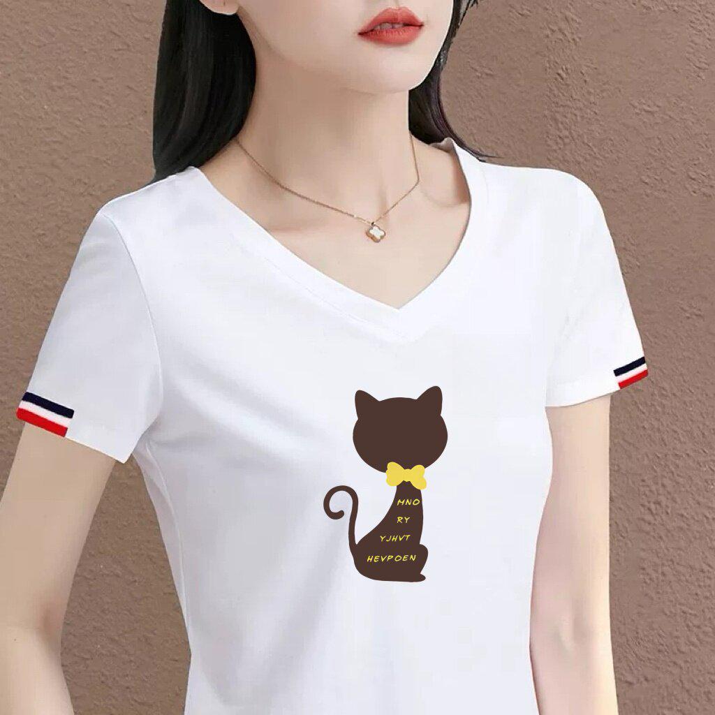 High-End V-Neck Women s White Slim-Fit Letter Print T-Shirt L