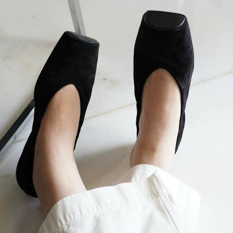 Sheepskin version~ Korean niche suede square head shallow mouth soft sole single shoes women's spring ballet flats
