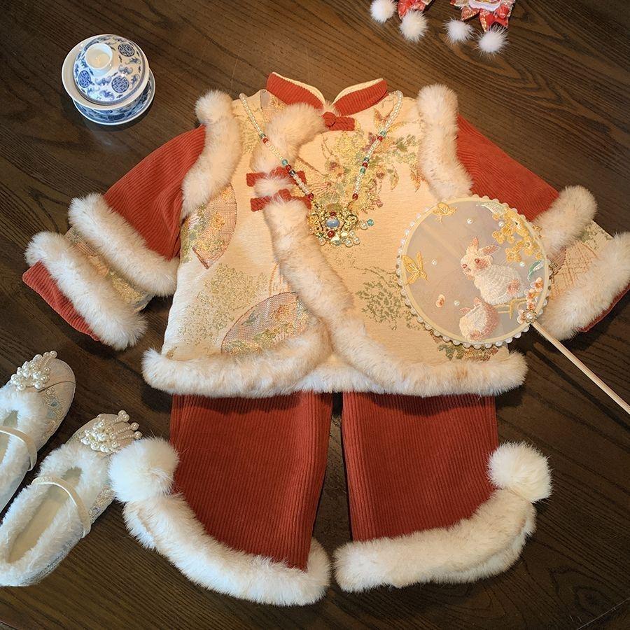 2025 Girls' New Year Fleece-lined Winter Outfit - Fashionable Toddler Set