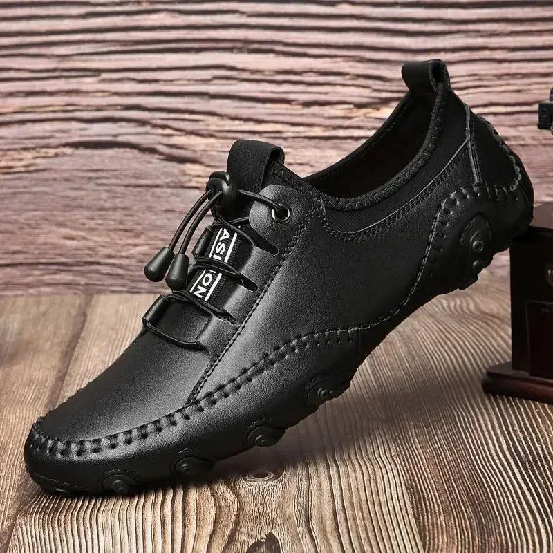 Chaussures décontractées en cuir véritable pour hommes, mocassins faits à la main, souples et ajourés, chaussures de conduite respirantes pour hommes