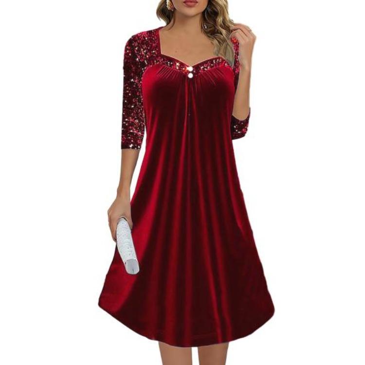 

Блестящее платье с пайетками, сексуальное женское платье для вечеринки, квадратный вырез, рукав 3/4, свободная талия, миди-платье выше колена для вечерней коктейльной вечеринки S