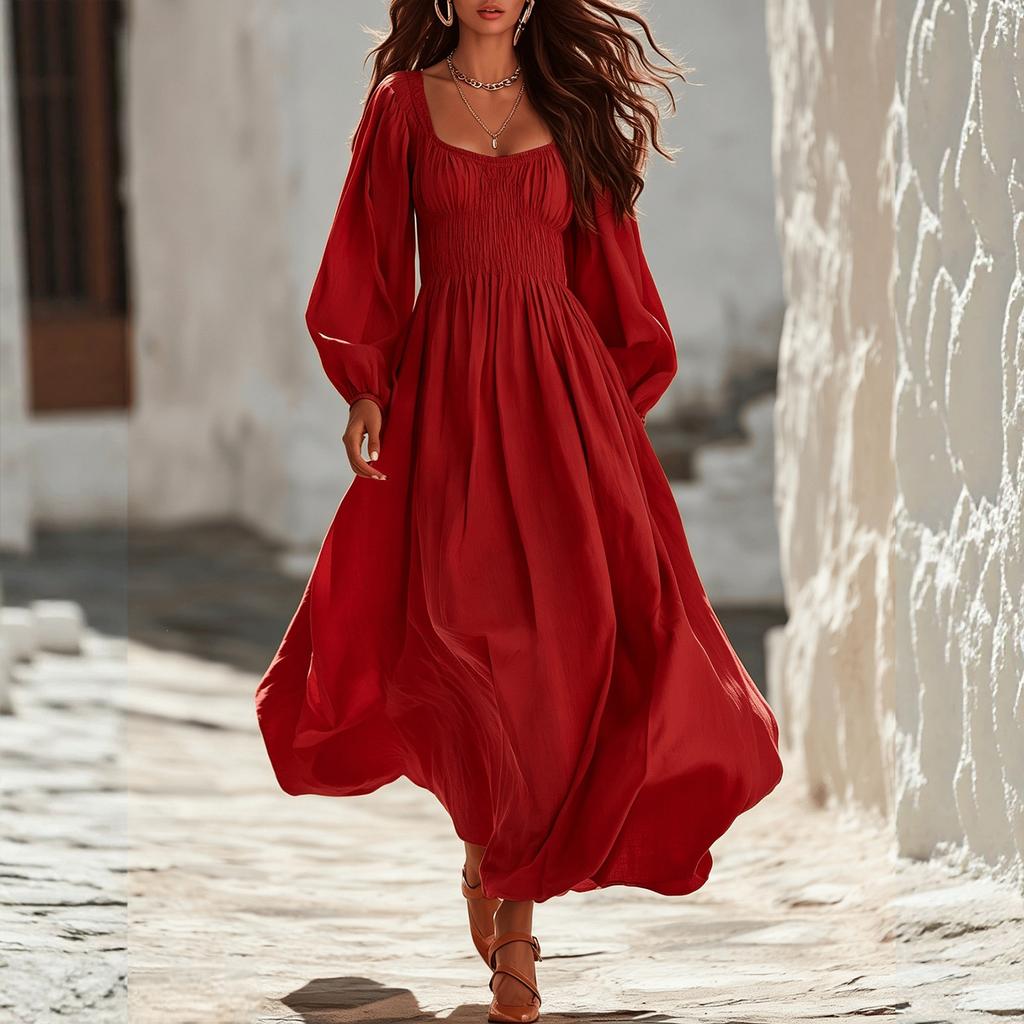 Women's Square Neck Long Sleeve Maxi Dress, Color Cinched Waist Casual Dress