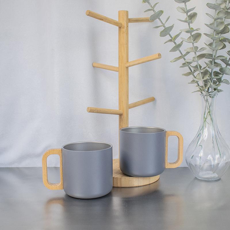 304 stainless steel mug, walnut handle coffee cup, double-layer camping cup, beech head handle teacup, anti-scalding cup