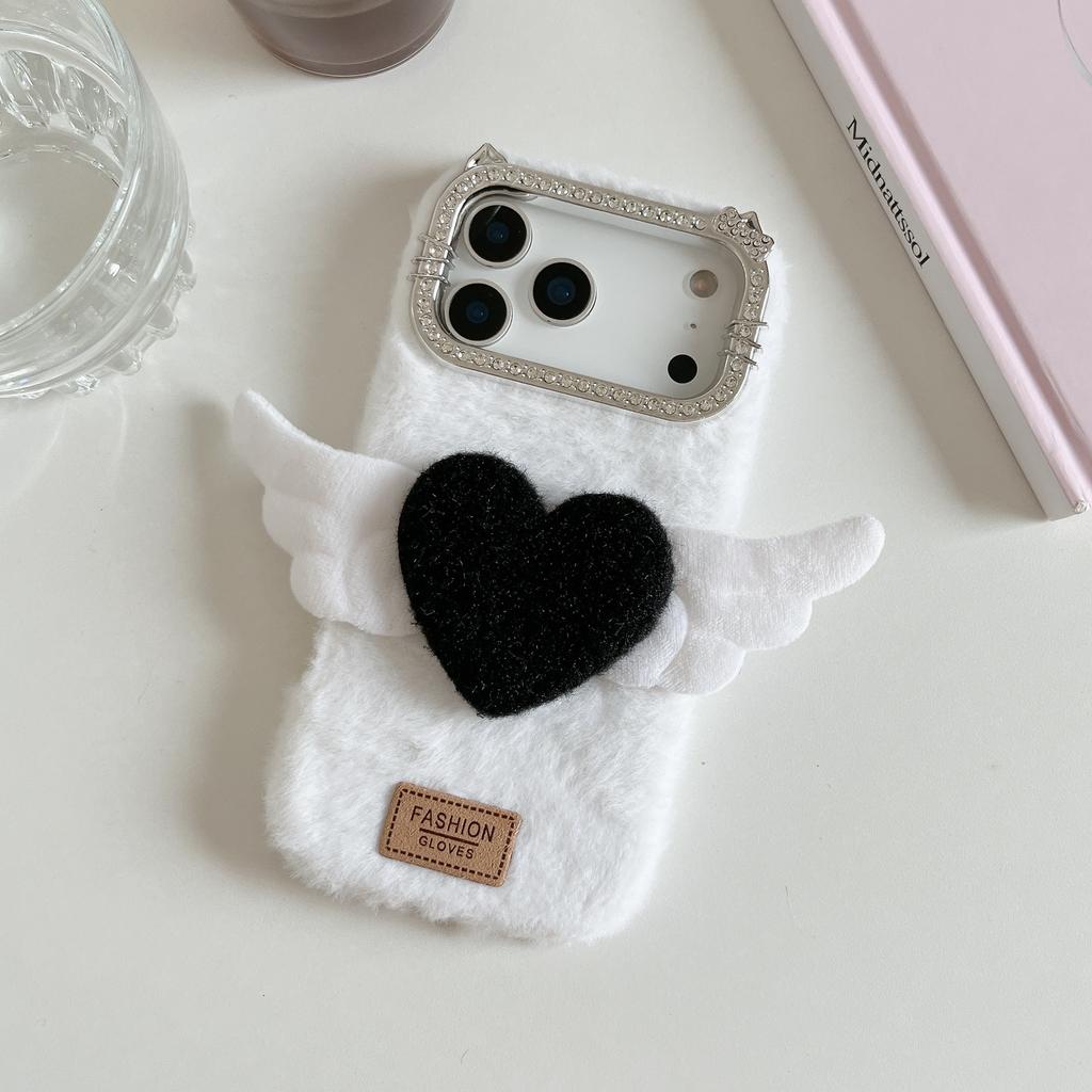 For iPhone 17 Pro Max Case Rhinestone Frame 3D Angel Heart Plush TPU PC Phone Cover with Heart Strap