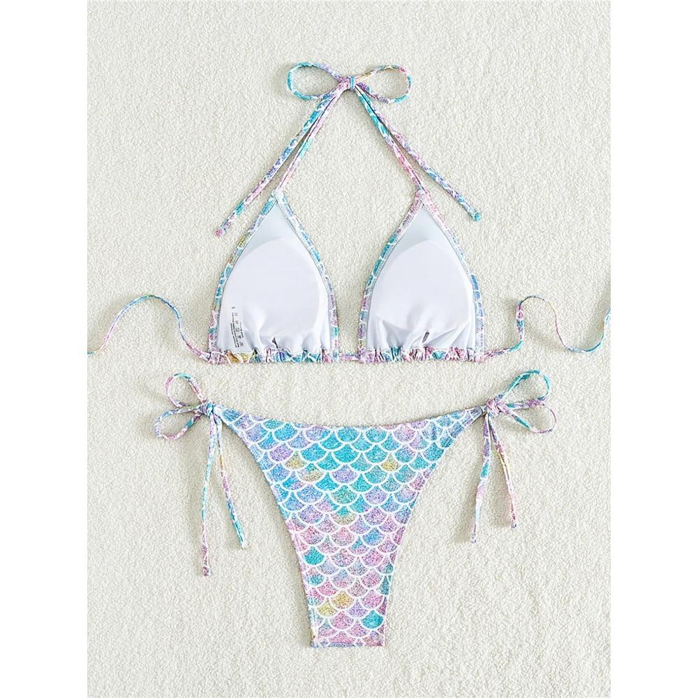 XS - L Bedruckter Neckholder Bikini mit hohem Beinausschnitt Damen Bademode Damen Badeanzug Zweiteiliges Bikini-Set Badesachen Badeanzug Swim K5302