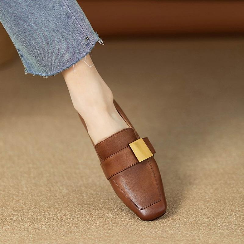 New Leather Women Fashion Pumps Square Toe Thick Heel Mary Jean Shoes Slip On Elegant Temperament Daily Shoes Handmade