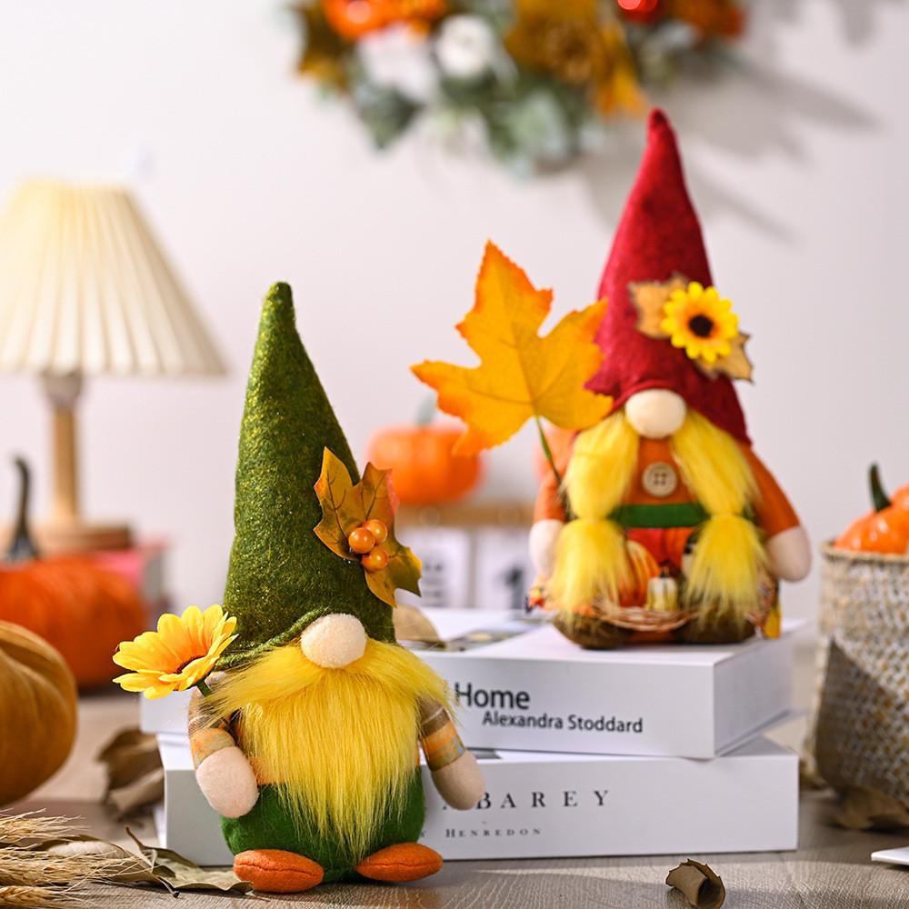 Plush Harvest Season Rudolf Gnome Figurine With Colorful Maple Leaf Hat And Floral Accents