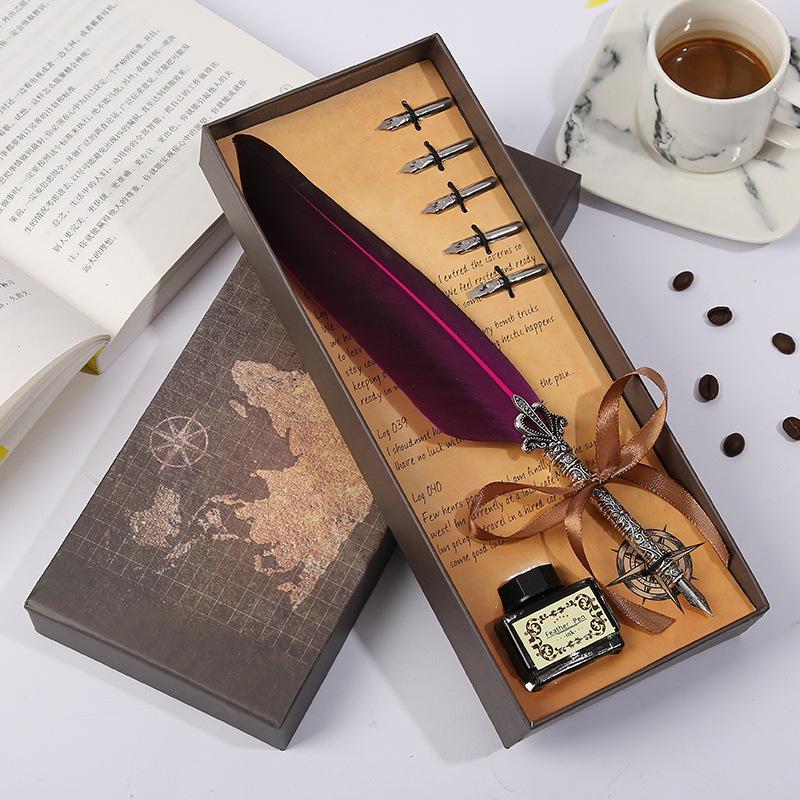 Map Creative Pen Gift Box Crown Quill Set Retro Metal Pen Pen Gift Pen