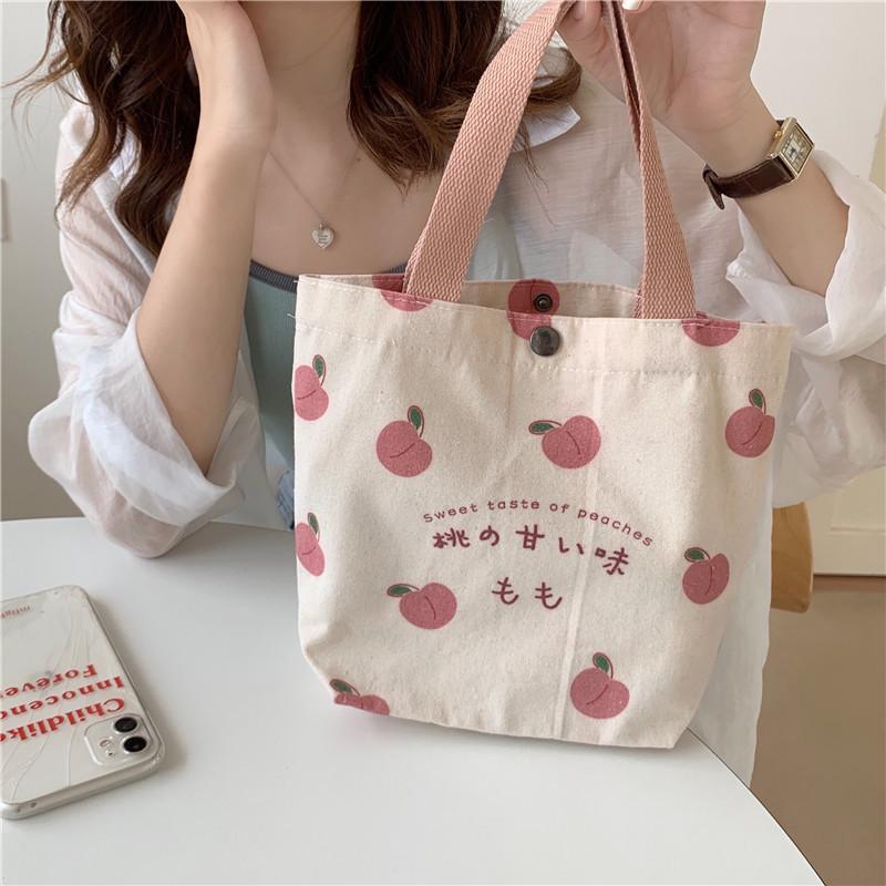 Cute Japanese Peach Canvas Handbag Fresh Sweet Mini Tote Bag With Magnetic Closure