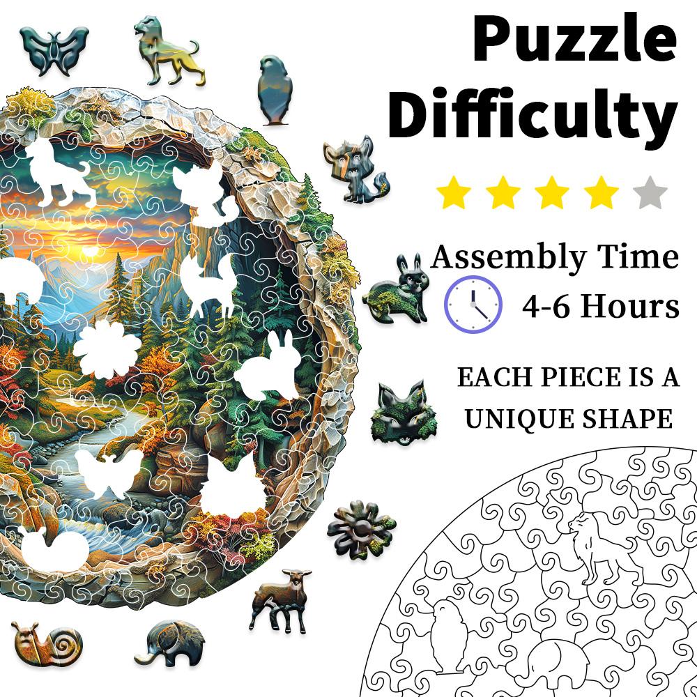 3D Wooden Circular Puzzle - Green Forest Sunset Scene, Family Game Activities, Wooden Home Decoration Gifts