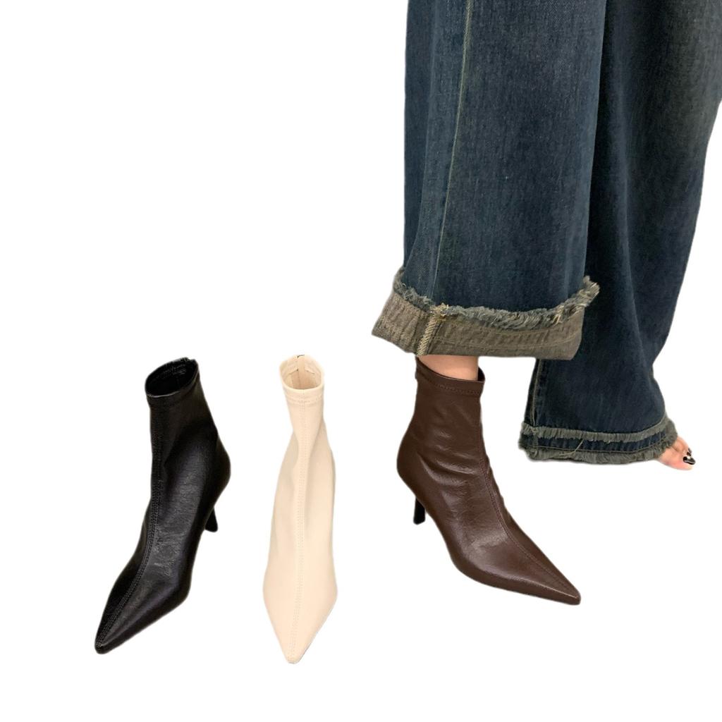 Thin heel high heel spring and autumn single boots pointed short boots women's shoes 2025 new white Korean thin small naked boots