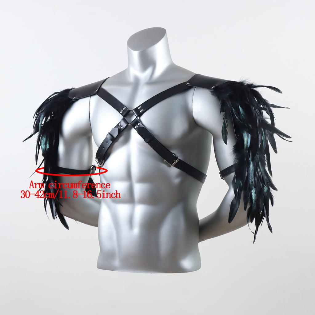 Vintage PU Leather Body Chain Harness with Feather Shoulder Armor Medieval Viking Style Chest Strap Halloween Cosplay Accessorie