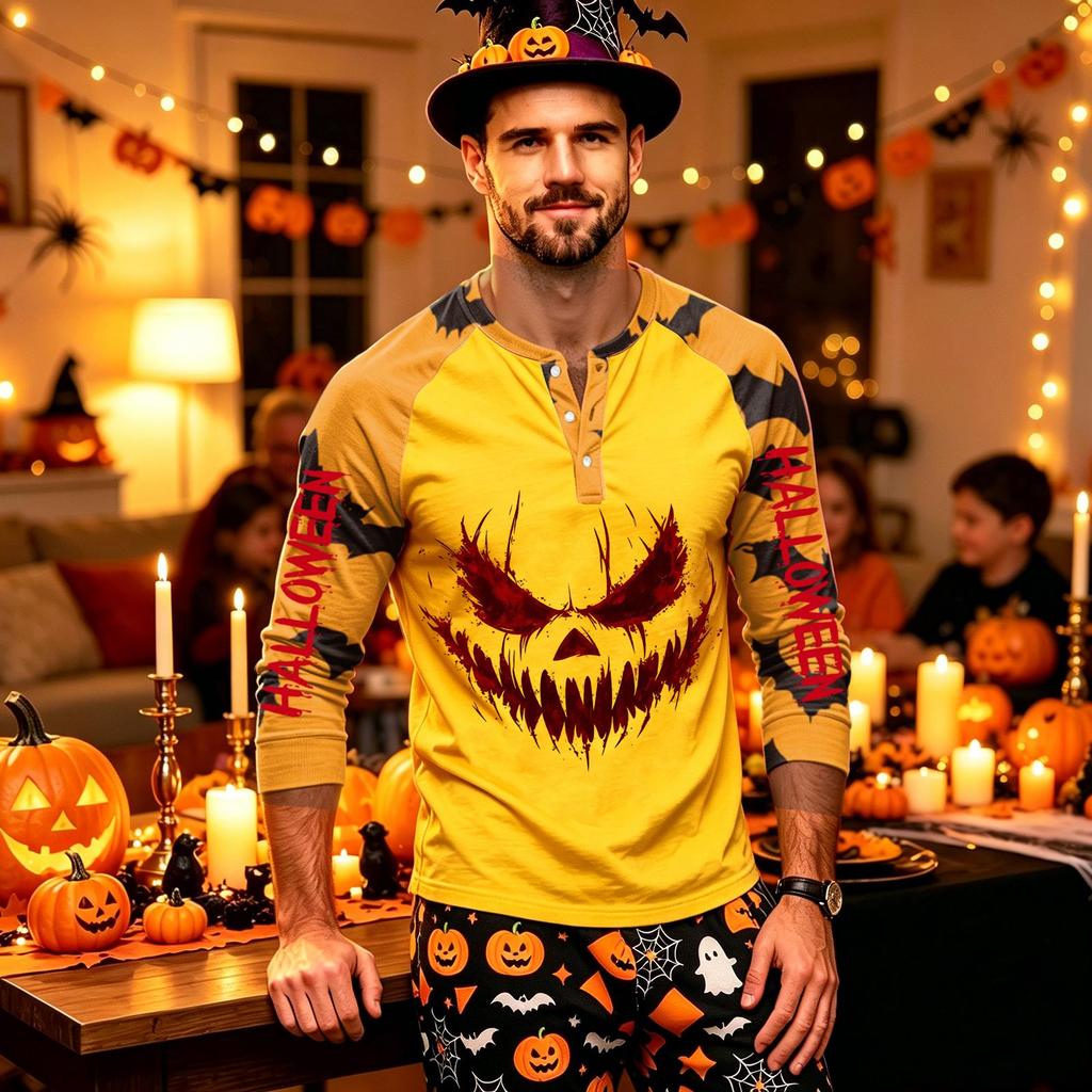 Men's Long Sleeve Shirt with Halloween Print for Holiday Parties and Casual Wear