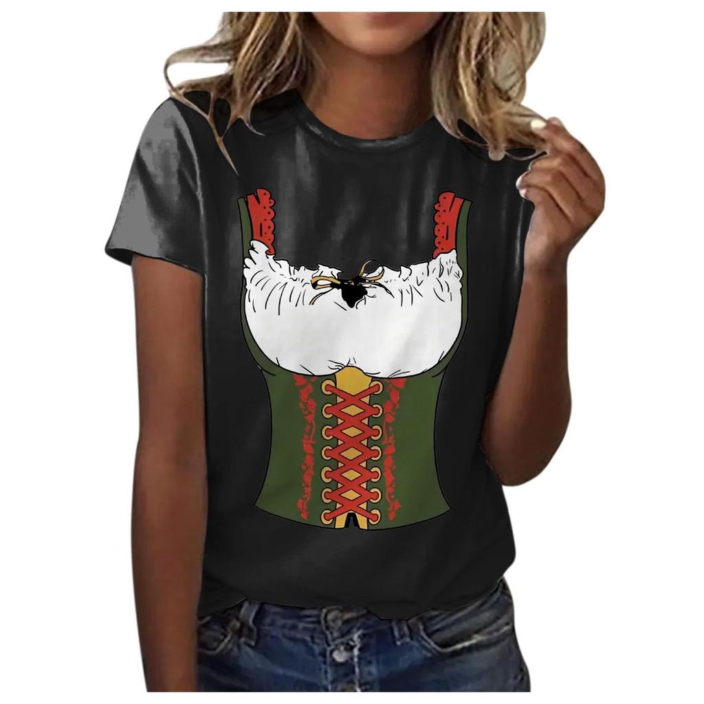 Women's Casual Pullover Short Sleeve T-Shirt Oktoberfest Print Crew Neck Top Lightweight Soft Fabric Comfortable Fit