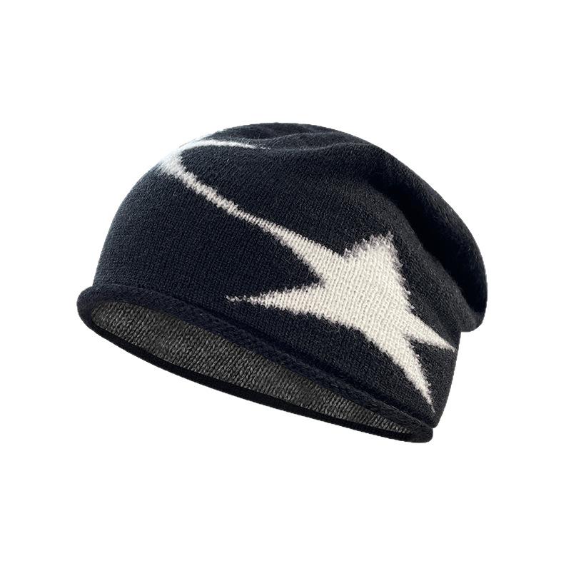 Face showing Little Star Woolen Knitted Hat for Women in Autumn and Winter Warm Ear Protection Headband Hat with Big Head Circumference for Cold