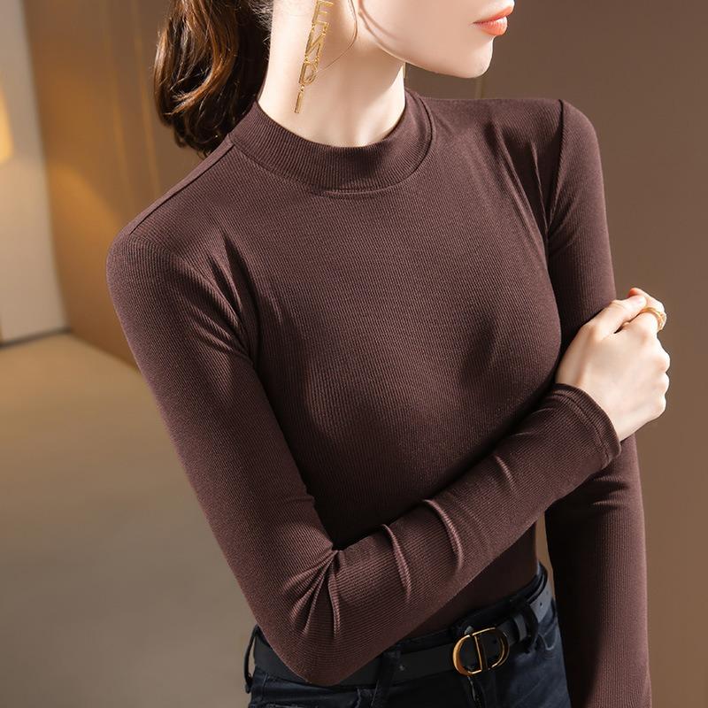 Threaded bottoming shirt women's front shoulder small stand-up collar long-sleeved t-shirt autumn and winter inner elastic top semi-turtleneck