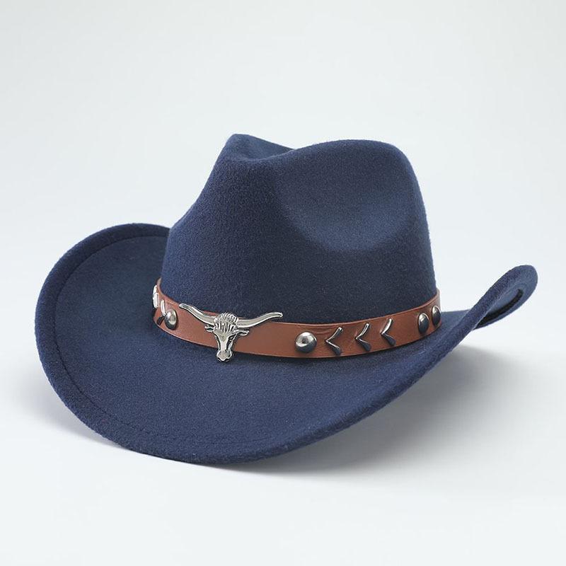 Nuevos Sombreros de Vaquero Occidental Fieltro de Lana para Hombre y Mujer Moda Actual Elegante y Versátil Ala Curva Cabeza de Toro Gorras de Jazz