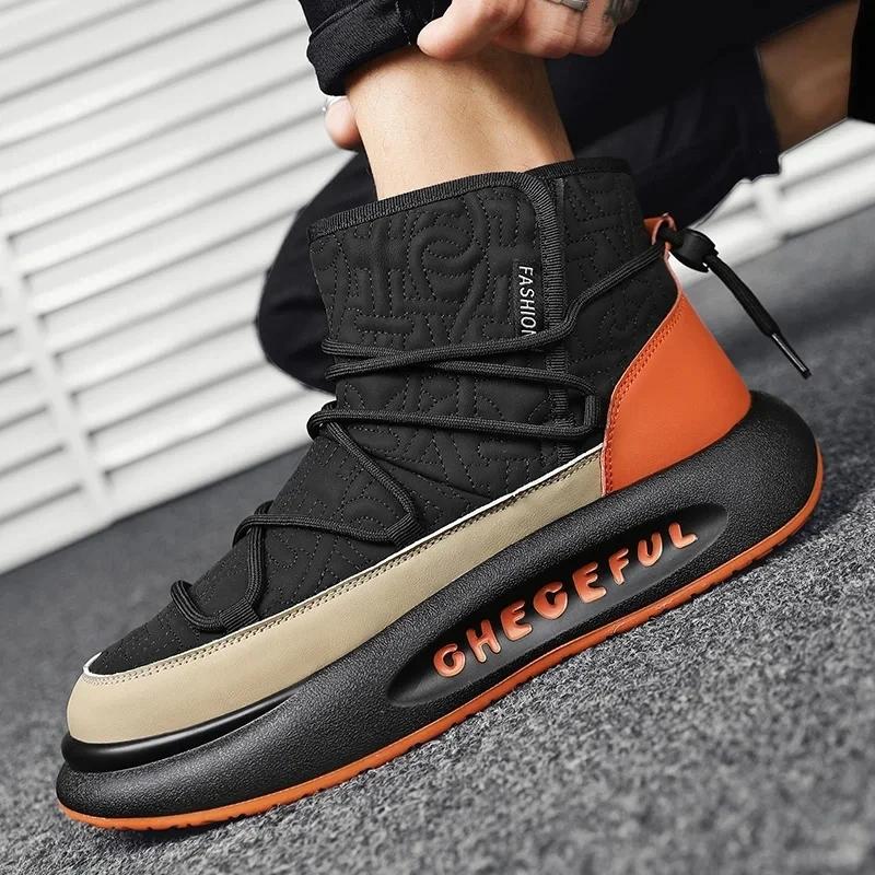 High Top Sneakers Men Winter Plush Snow Boots Fashion Casual Microfiber Leather Down Upper Height Increased Platform Board Shoes