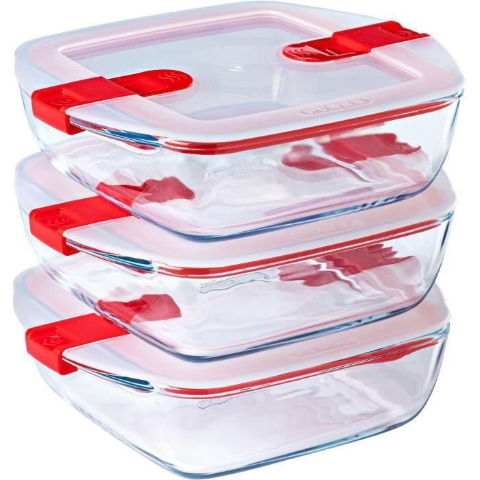 Lot De 3 Lunch Box - PYREX - Cook & Heat - Verre - Carré - Couvercle À Valves Vapeur Spécial Micro-onde - 1 L