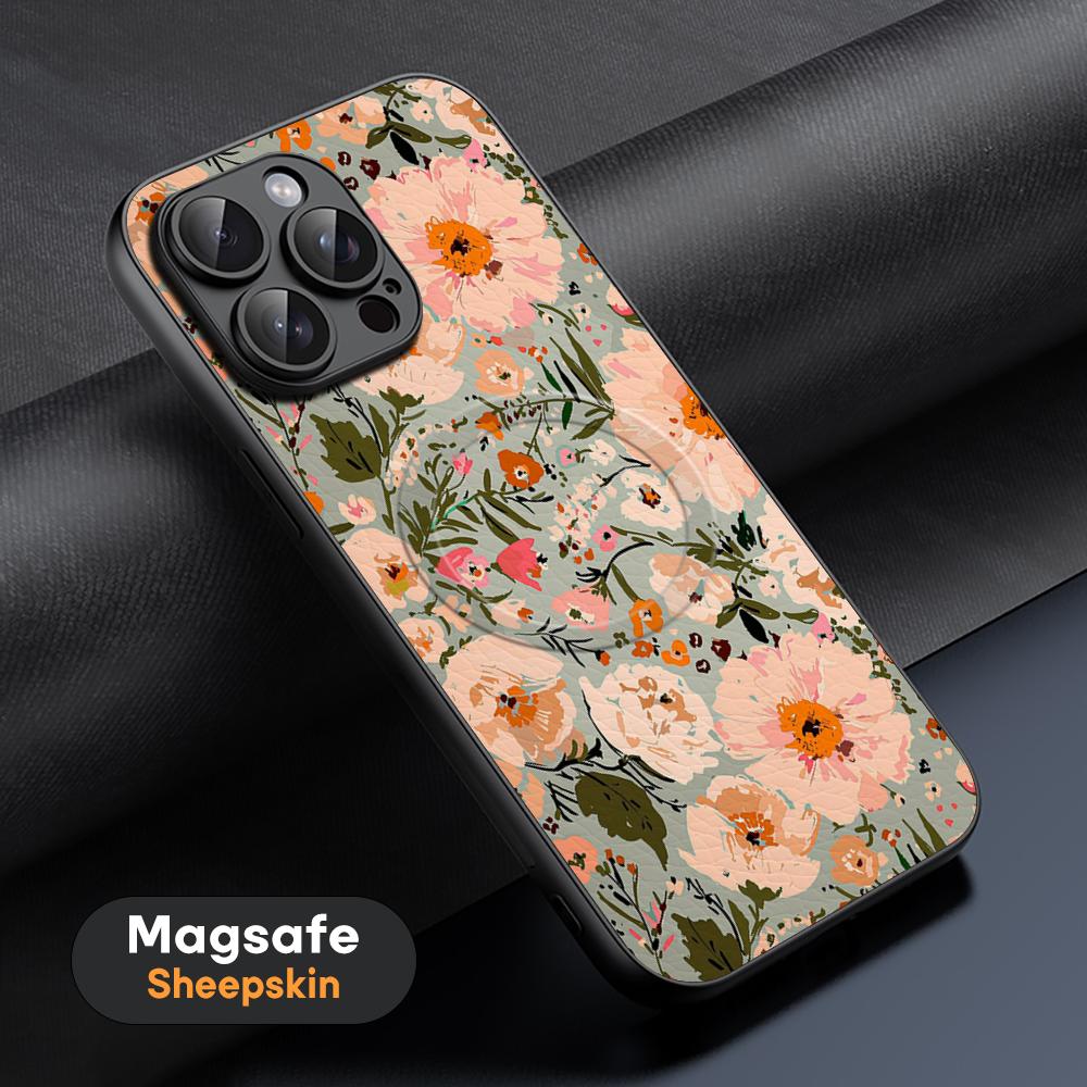 Art Retro floral pattern painting design Phone Case For iPhone 16 15 14 13 12 11 Plus Pro Max High-end Luxury Magsafe Sheepskin