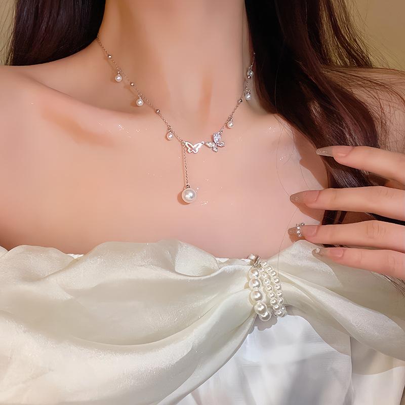 Tassel Pearl Butterfly Necklace Women's Light Luxury Design Sense Internet Celebrity Clavicle Chain Premium Neck Chain