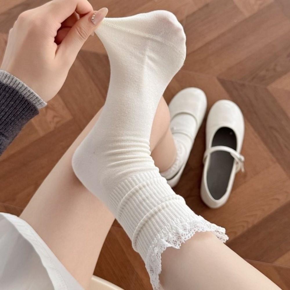 Breathable Women's Socks Lace Frilly Crew Socks Fashion Long Socks