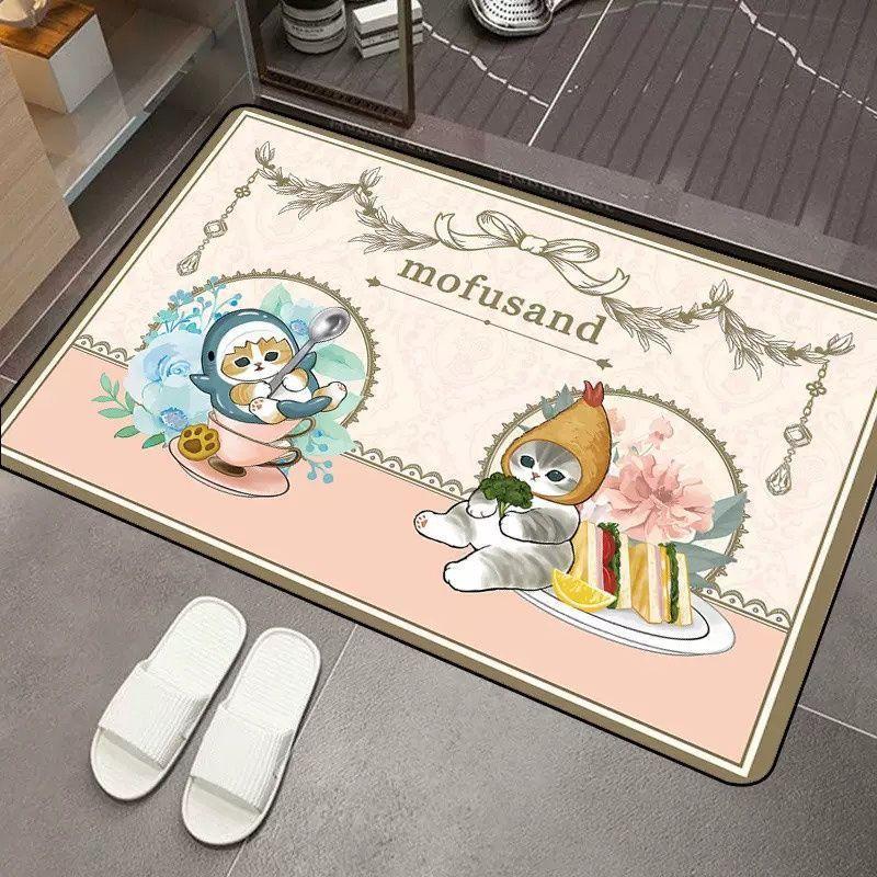 2pcs Cartoon Cat Diatom Mud Floor Mat Bathroom Water Absorption Quick Drying Easy Cleaning Foot Pad Non-slip Mat