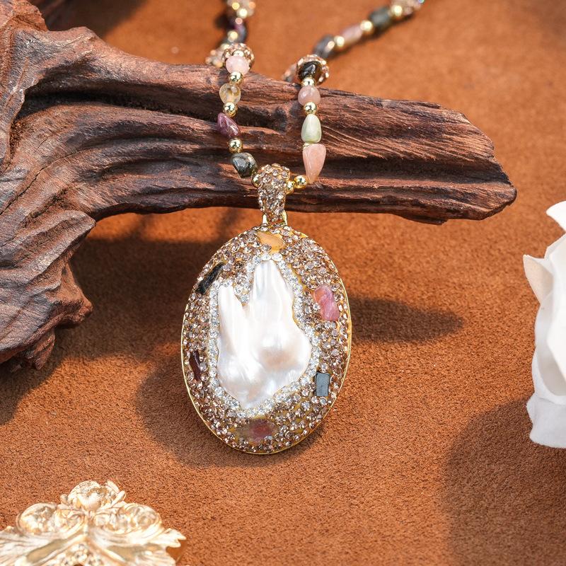 Natural Baroque Freshwater Special-shaped Pearl Earrings Jewelry Set Women's Inlaid Tourmaline Sweater Chain Jewelry Three-piece Set