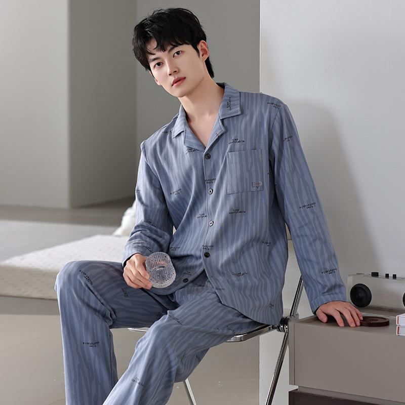 Pure Cotton Pajamas Men'S Spring And Autumn Autumn Cotton Long-Sleeved Casual Men'S Loungewear Autumn And Winter Thin Large Size Suit