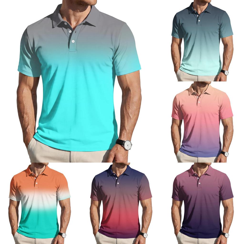 Men’s Loose Fit Casual Gradient Print Short Sleeve Polo Shirt with Turn Down Collar Soft Comfortable Fabric