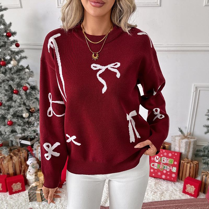 Korean Style Bow Jacquard Beaded Pullover Sweater for Women - Autumn 2025 Collection