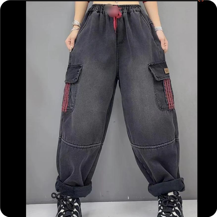 ג'ינס עבה קטיפה פלוס חורף תפירה רטרו דק הרמון מידה פלוס מכנסי הרמון חמים