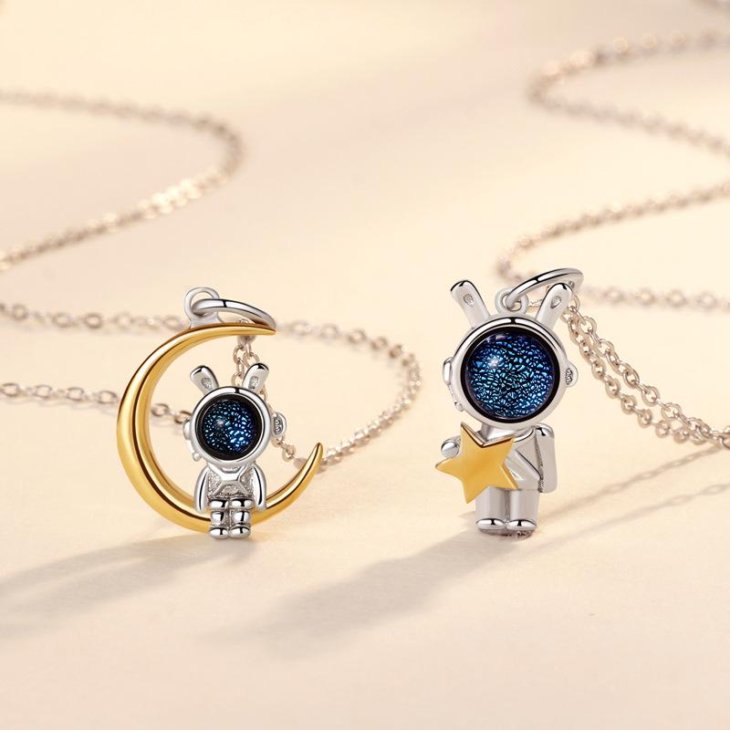 Original Aerospace Rabbit Couple Necklace Niche Personality Star Moon Rabbit Glazed Stone Pendant Girls Gift