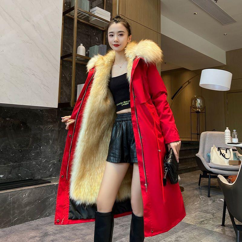 

Хлопковая одежда женская зимняя новая подкладка из искусственного лисьего меха съемная начес утолщенная удлиненная куртка из искусственного меха M 52.5kg