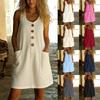 Women Sleeveless Linen Blend Mini Dress Round Neck Button Front Loose Shift Dress With Pockets Casual Summer Beach Vacation Sundress