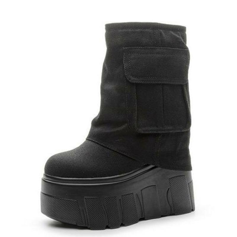 Fashion 14CM Street Style Denim Mid Calf Platform Wedge Breathable Women Boots Casual Knee High Boots Autumn Female Black Spring Shoes