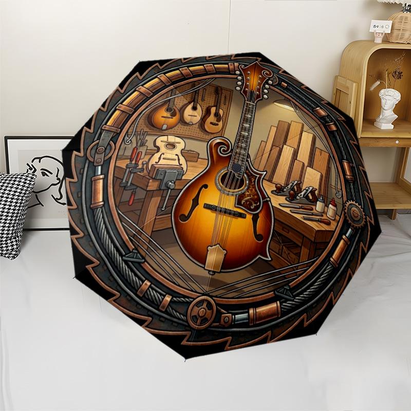Guitar Workshop Craftsmanship pattern umbrella, portable and foldable design, 8 ribs, a casual accessory for Halloween, Christmas, and birthday gifts.
