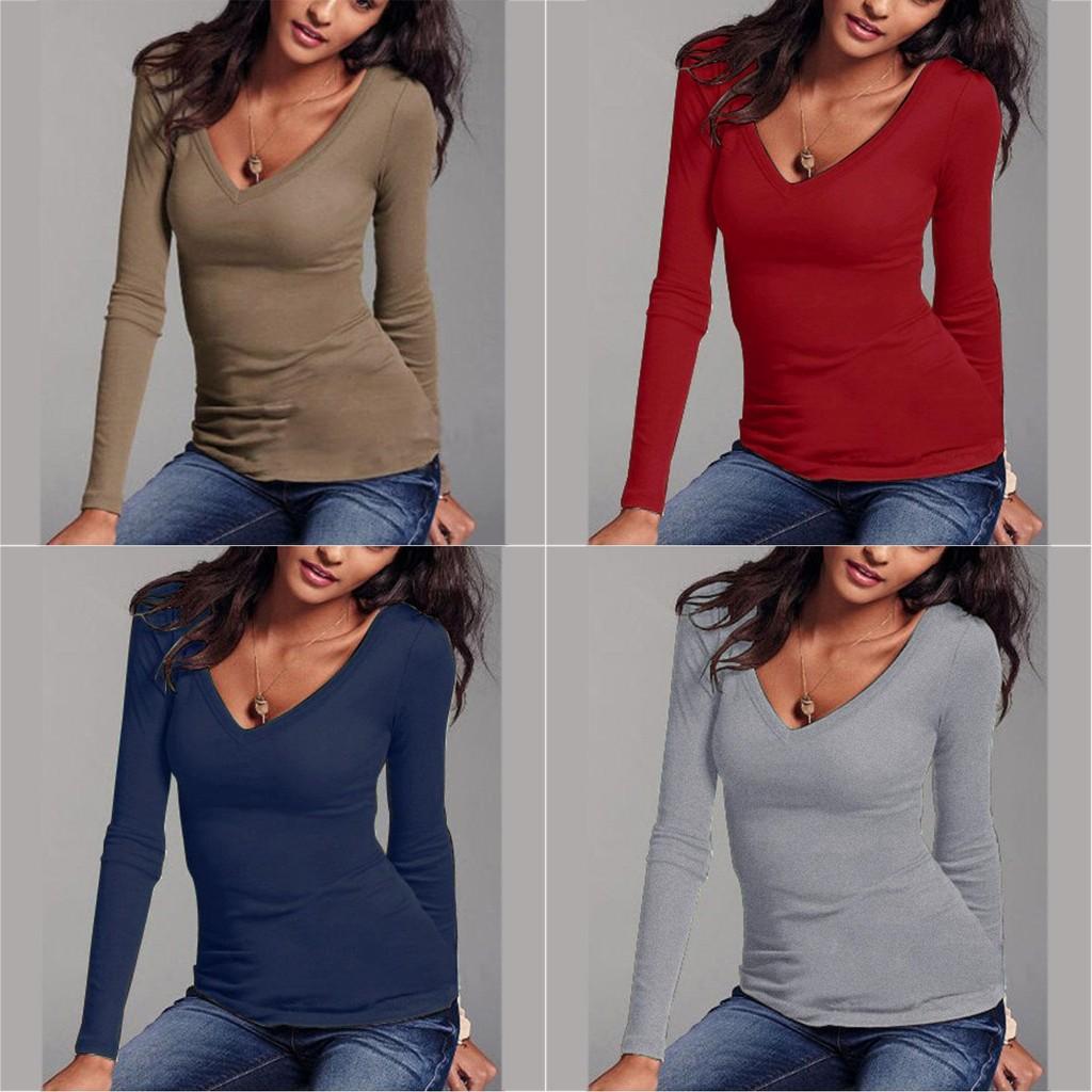 Elegant Autumn And Winter Long-sleeved Solid Color T-shirt V-neck Slim Bottoming Shirt