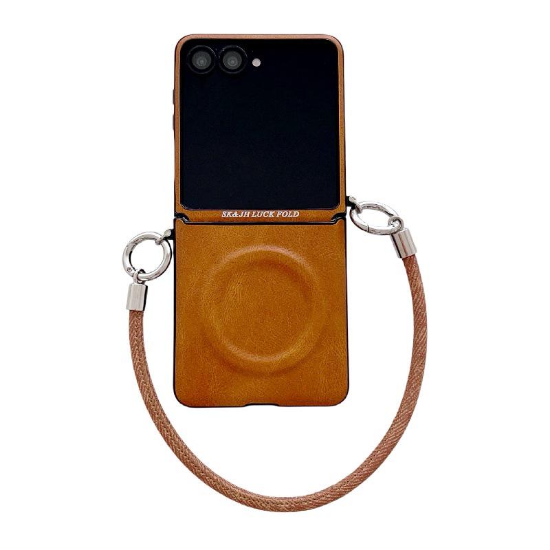 Business Crazy Horse Pattern Magnetic Case for Samsung Z Flip7: Foldable, Anti-Drop, Anti-Lost Lanyard, Compatible with 6/5 Gen.