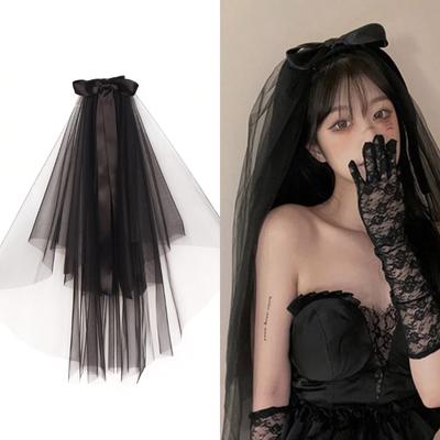 Bridal Lace Veil Women Layered Tulle Bachelorette Party Wedding Veil with Ribbon Bowknot for Wedding Party