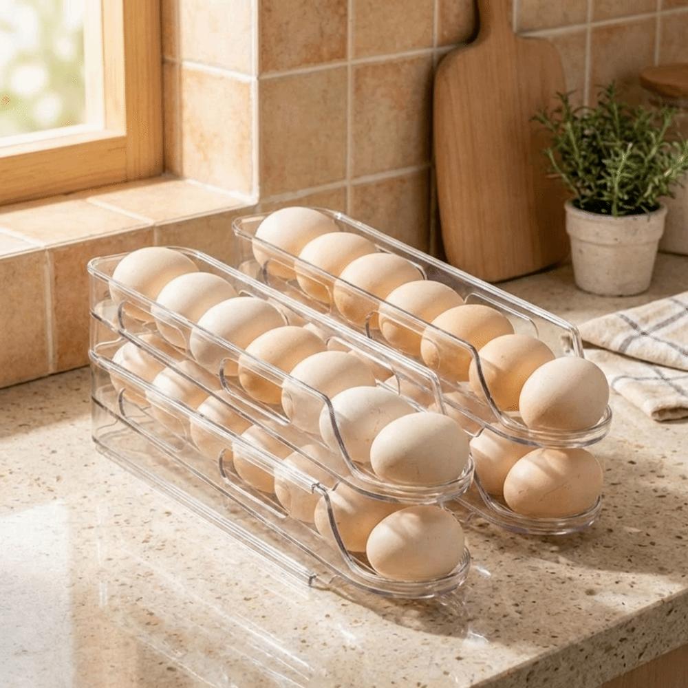 2PCS Plastic Roll Off Egg Storage Rack Stackable Egg Storage Box Refrigerator Side Door