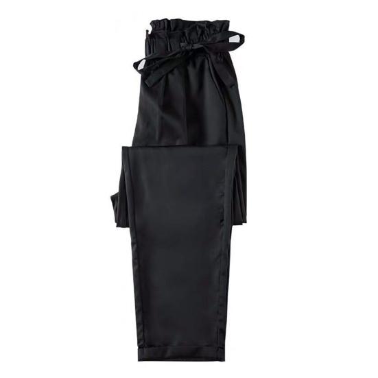 

Women Flower Bud Elastic Waistband Lace-up Cropped Pants Straight Leg Solid Color Thin Harem Casual Trousers L