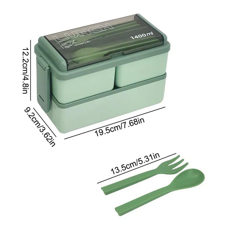 1400ml Double Layer Lunch Box with Fork and Spoon Portable School Office Bento Lunch Box High Capacity Microwae Food Containers