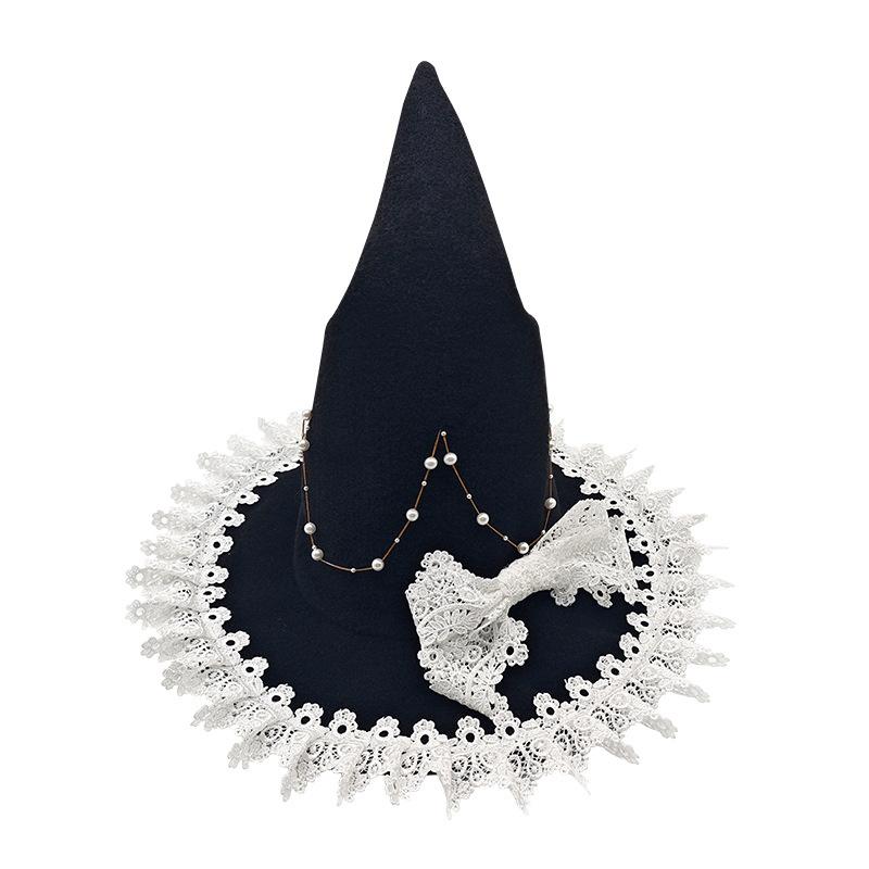 

Gothic Lolita Witch Hat With Bow And Star Chain Lace Trim Halloween Photo Props Y2K Style Vintage Black Hat Costume Accessories