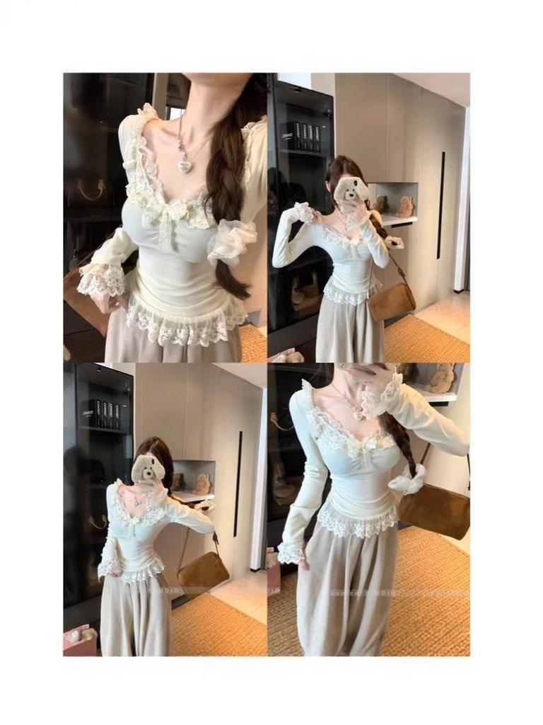 Chic Lace Patchwork Bow Tie Long Sleeve Plush Top for Autumn/Winter