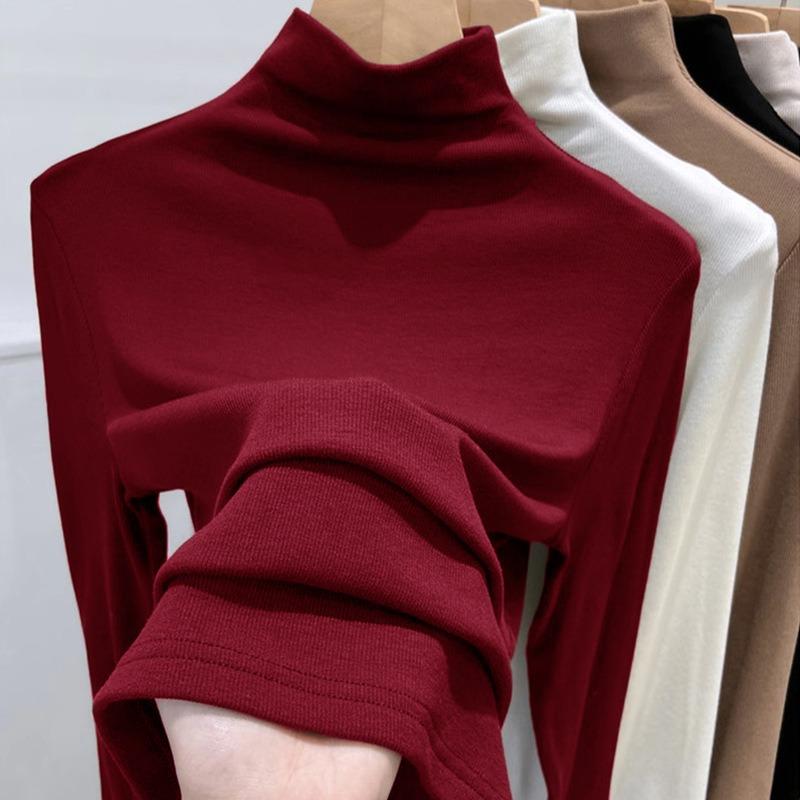 Solid Color Slim Fit Half High Collar Long Sleeve Women Casual Bottoming T Shirt Top